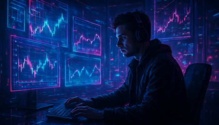 Cyberpunk trader cross-referencing cryptocurrency charts on floating holographic screens in neon office