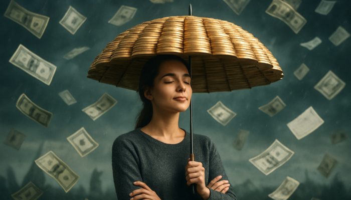 Individual shielded by a golden coin umbrella from a storm of unexpected bills and expenses.