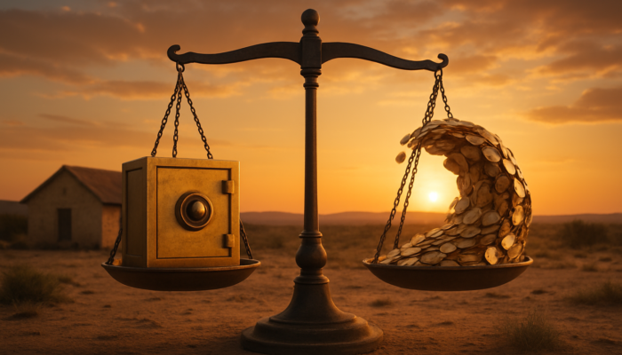 Traditional Beaufort West home: stable for fixed rates, coins representing variable rates, balanced by a scale at sunset.