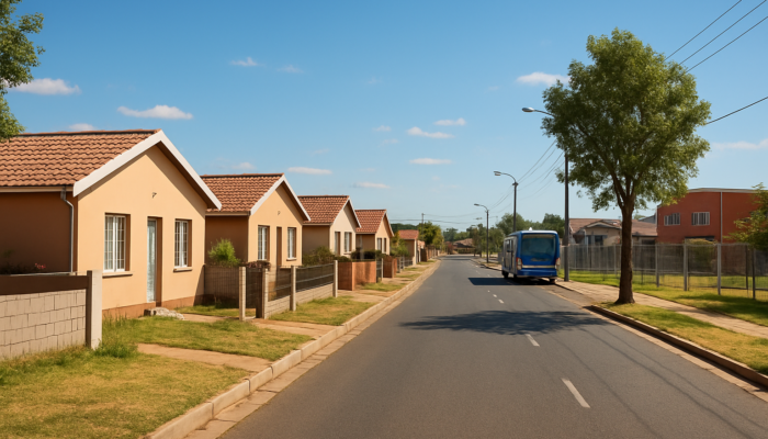 Vibrant suburban street in Springs, South Africa, featuring modest entry-level homes close to schools and shopping centres.