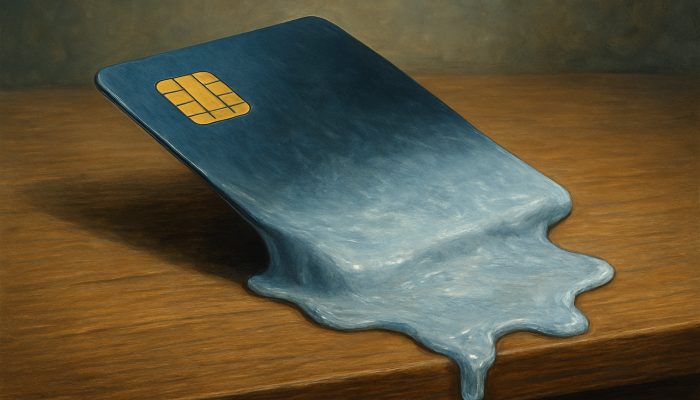Keeping Cards Open but Not Using Them: Credit Tips | DCL Surreal melting credit card shrinking on desk, fading limit evoking reduced credit score risks.