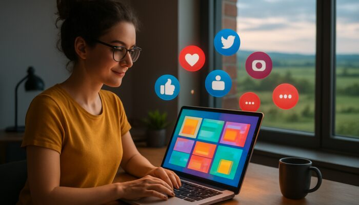 Patchway entrepreneur creating a vibrant WordPress blog on a laptop with floating social media icons against a backdrop of the UK countryside