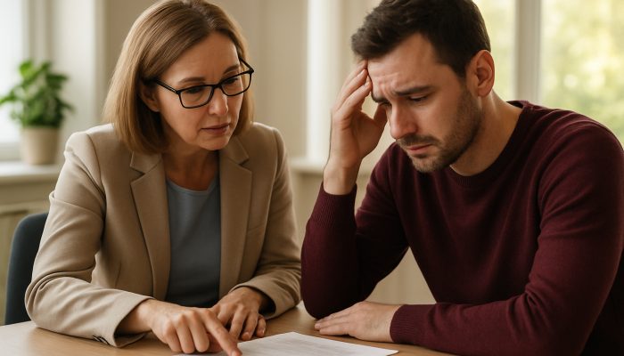 Individual reviewing financial documents with credit union advisor in a well-lit office environment