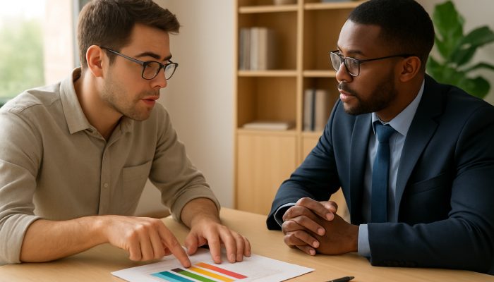 Borrower indicating a colourful debt interest rate chart while negotiating repayment with advisor in a sunlit office.