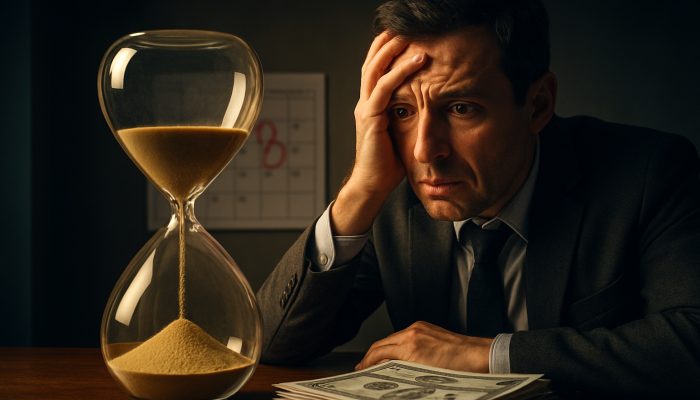 Concerned taxpayer watches HMRC refund checks flow from an hourglass next to a calendar marked with deadlines.