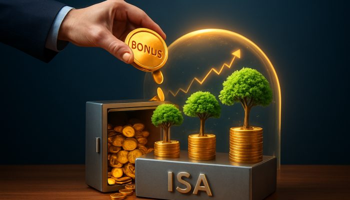 Investor pouring golden bonus into a Stocks and Shares ISA vault surrounded by flourishing money trees and rising charts